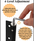 Automatic Door Closer for Home Easy to Install | Safety Spring Door Closers | Auto Soft Close to Convert Hinged Doors to Auto Self Closing | Adjustable Catch Speed | with Arm, Screw, Wrench showing close-up adjustment using hex wrench.