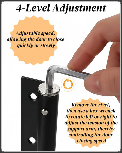 Automatic Door Closer for Home Easy to Install | Safety Spring Door Closers | Auto Soft Close to Convert Hinged Doors to Auto Self Closing | Adjustable Catch Speed | with Arm, Screw, Wrench showing close-up adjustment using hex wrench.