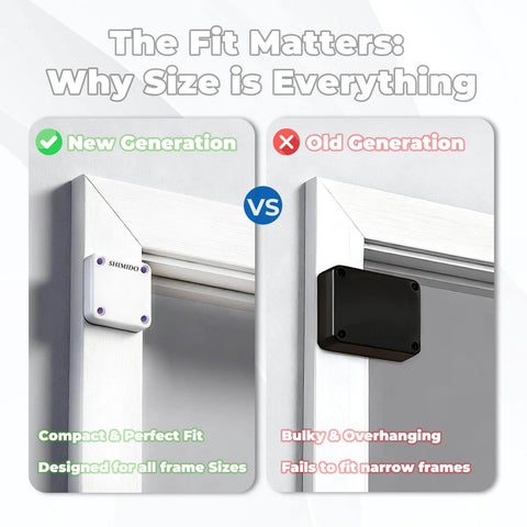 Comparison of new vs old punch-free 1000g automatic screen door closer, highlighting compact design for narrow frames.