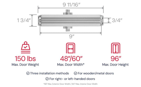 Dimensions and specifications for Medium/Heavy Duty Door Closer Commercial Grade 1 with adjustable 6-speed control and 3 valves.
