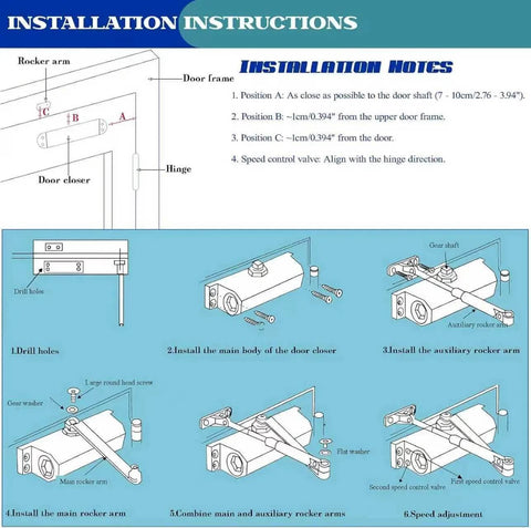 Installation instructions for Heavy Duty Automatic Door Closer With Smooth Soft Close And No Slam Hydraulic Mechanism Rust Resistant Aluminum Easy DIY Install Fits 88 To 143 Pound Doors And 23 To 43 Inch Openings Ideal For Home And Commercial Use, showing step-by-step setup and alignment details.