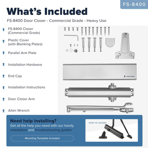 What's included in FS-8400 Commercial Grade Heavy Duty Door Closer Kit with ADA compliance and installation tools.