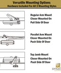 Illustration showing three mounting options for a Door Closer, Commercial Hydraulic Closer, Self-Closing, Spring Size 3, Series 3000.