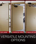 Multiple mounting options for Automatic Adjustable Door Closers for Home - Soft Close, No Slam - Level 3 - Black shown on wood doors.
