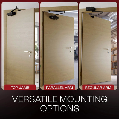 Multiple mounting options for Automatic Adjustable Door Closers for Home - Soft Close, No Slam - Level 3 - Black shown on wood doors.