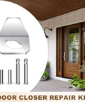 Beefed Up Heavy Duty Screen Door Closer Replacement Kit 5 Pack with 4 Steel Pins and Reinforced Iron Plate, shown next to a door