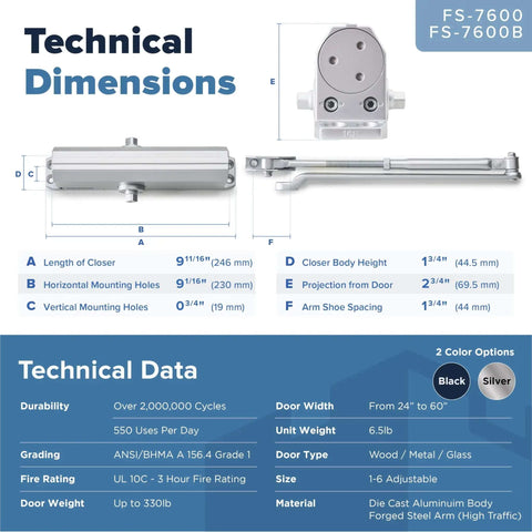 Technical dimensions and specifications of Heavy Duty Grade 1 Commercial Door Closer Auto Hydraulic Spring Hinge Built For Busy Doors