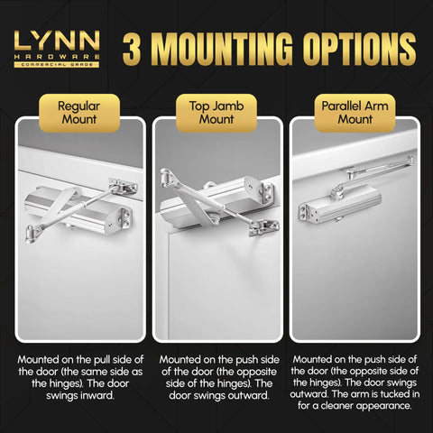 Medium/Heavy Duty Automatic Door Closer (Silver) - Commercial Grade, showing 3 mounting options: regular, top jamb, parallel arm.