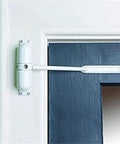 White Door Closer Automatic Safety Spring Door Closer - Easy to Install, mounted on a blue door frame, converting to self-closing.