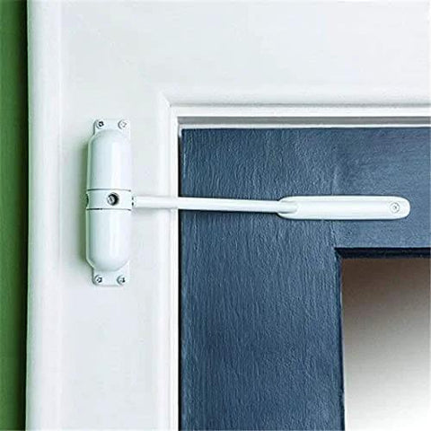 White Door Closer Automatic Safety Spring Door Closer - Easy to Install, mounted on a blue door frame, converting to self-closing.