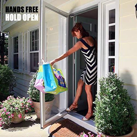 Smooth Door Closer - Single Kit (White) in use on a screen door with hands-free hold open feature shown in a home setting.