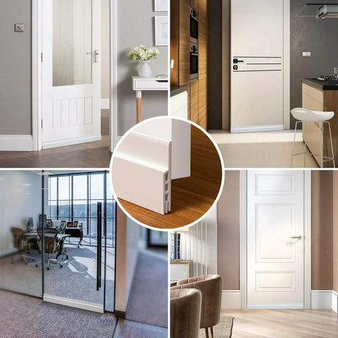 Collage of installed 2 Pack Door Draft Stopper Sheets, Rolls & Strips Under Door Draft Blocker Insulator Doors Sweep Weather Stripping Noise Stopper Strong Adhesive Door Thresholds, White, in various door settings, highlighting the strong adhesive and seamless fit.