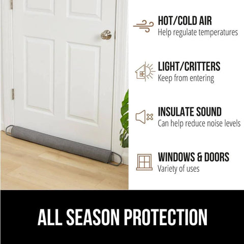 Door Draft Stopper For Bottom Of Doors Fits Gaps Up To 3 Inches, Blocks Cold Air And Noise With Easy Install Weather Stripping Seal shown installed