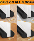 Beefy 36 Inch Door Draft Stopper With 2 Inch Diameter Foam Core Covers shown on carpet, tile, vinyl, and wood flooring.