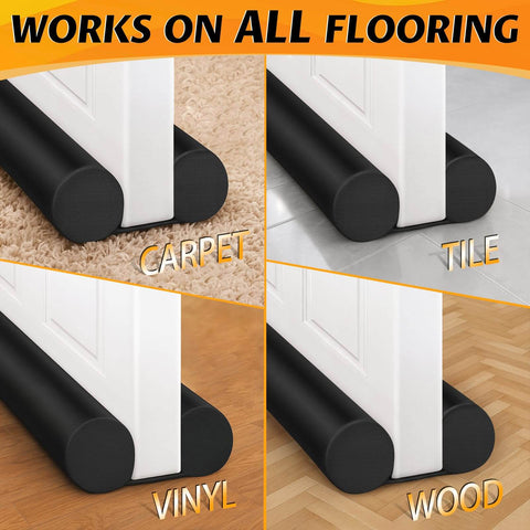 Beefy 36 Inch Door Draft Stopper With 2 Inch Diameter Foam Core Covers shown on carpet, tile, vinyl, and wood flooring.