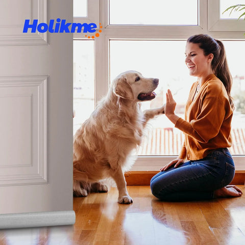 Door with draft stopper and sweep, grey large sponge seal, windows and doors weatherproofing, woman and dog beside