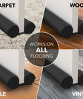 Two Sided Under Door Draft Stopper For Bottom Gap Fits 30 To 36 Inch Wide Doors With Quick Install No Drill No Tape Keeps Heat In And Cold Air Out Sound Proof Foam Strip Gap Filler Noise Blocker For Interior Doors on various floor types carpet, wood, tile, vinyl.