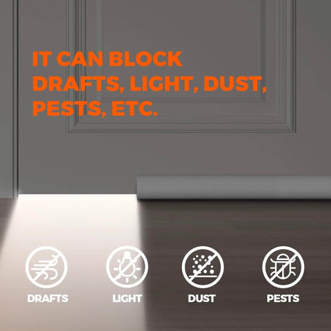 Door draft stopper and sweep no fuss adjustable fit weather stripping and noise blocker for windows and doors large sponge seal easy install grey energy saving weatherproof seal keeps drafts out and rooms warmer all year installed under door with icons indicating blocking drafts, light, dust, and pests.