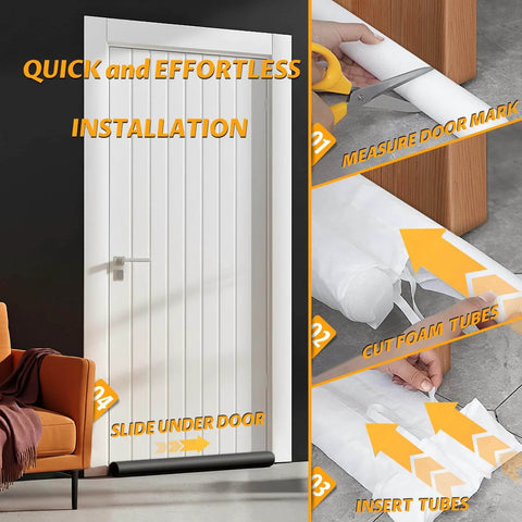 Beefy 36 Inch Door Draft Stopper With 2 Inch Diameter Foam Core Covers 0.5 To 1.7 Inch Gaps installed under white door