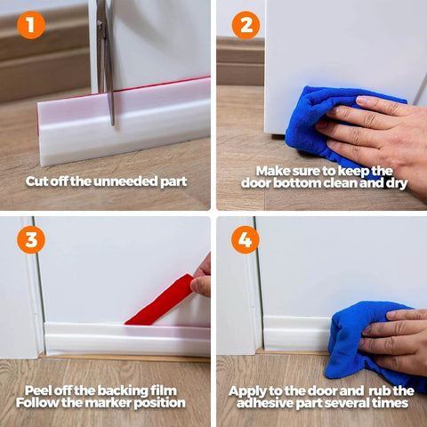 Step-by-step guide to installing 2 Pack Door Draft Stopper Sheets, showing cutting, cleaning, applying, and adhesion process on doors.