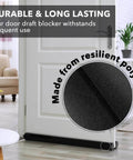 Two Sided Under Door Draft Stopper For Bottom Gap Fits 30 To 36 Inch Wide Doors With Quick Install No Drill No Tape Keeps Heat In And Cold Air Out Sound Proof Foam Strip Gap Filler Noise Blocker For Interior Doors shown in front of a white interior door with a polyester exterior.