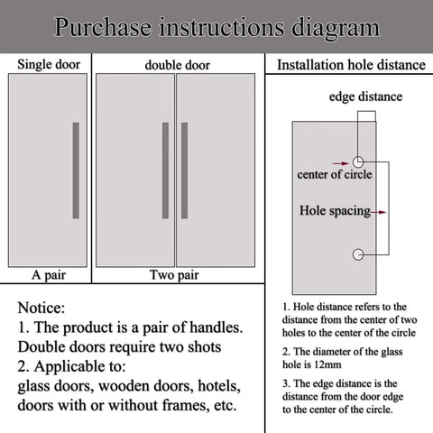 Installation diagram showing how to mount 24 Inch Large Glass Door Handle H Shape Double Sided Push Pull Acrylic Crystal With Stainless Steel Anti Fingerprint Finish For Barn Bathroom Shower Patio Kitchen Commercial No Lock on single and double doors, with measurements for hole spacing and edge distance.