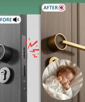 Eight Pack Silicone Anti Collision Pads in use on door showing sound dampening effect with sleeping baby image