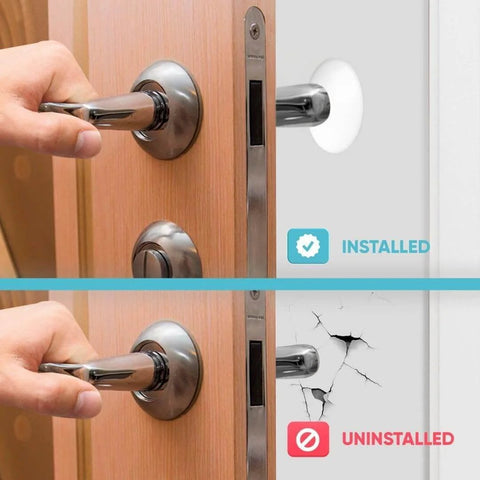 Comparison of installed and uninstalled Strongest Home Wall & Door Handle Stopper 5" Set of 3 Pieces White Rubber Door Knob
