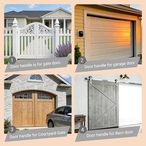Various door handles on gates, garage doors, courtyard gates, and barn doors, showcasing their versatility for different outdoor installations.