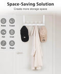 Over-door hook rack with hats and robe, labeled for robe, towel, hat, coat, keys, and bags, in a space-saving solution setup.