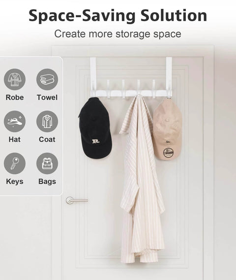 Over-door hook rack with hats and robe, labeled for robe, towel, hat, coat, keys, and bags, in a space-saving solution setup.