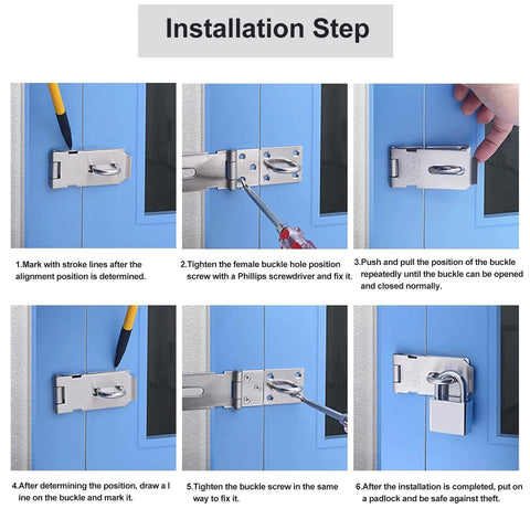 Installation steps for 2 Pack Door Hasp Lock With Combination Lock And Key Lock 5 Inch 304 Stainless Steel Safety Hasp Clasp Lock Latch on blue door