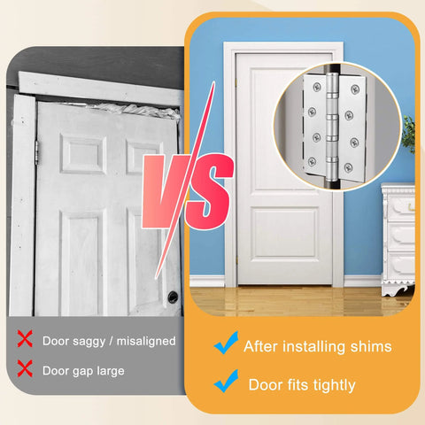 Comparison of sagging door before and after using 10 Pack 4 Inch Door Hinge Shims 0.040 Inch Thickness for alignment and gap fix.