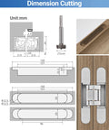 Diagram and installation of Invisible Door Hinges 2 Pack 6 Inch Silver Hidden Hinges with dimensions and wood integration.