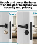 Heavy Duty Black Door Hole Cover Plate Two And Five Eighths Inch Round Deadbolt Cover With Screws Steel Hole Filler Plate Before After