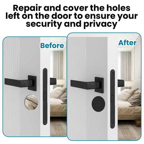 Heavy Duty Black Door Hole Cover Plate Two And Five Eighths Inch Round Deadbolt Cover With Screws Steel Hole Filler Plate Before After