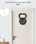 Door hook holding 20 lb kettlebell, demonstrating weight capacity, suitable for home storage solutions.