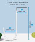White over-the-door hook with dimensions 1.4 in width and 5.12 in height, suitable for doors 0.7-1.4 inches thick