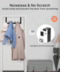 Over-the-door hooks with coats, highlighting noiseless feature and scratch prevention pads included.