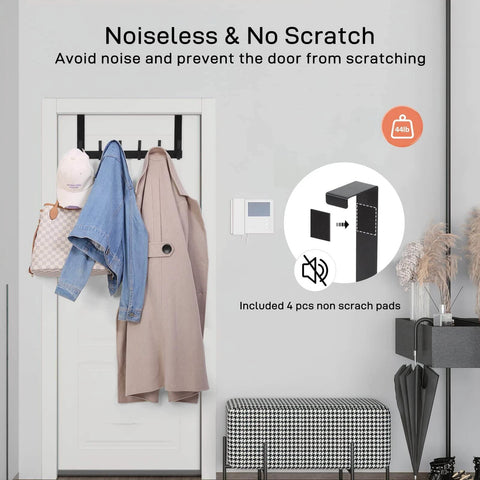 Over-the-door hooks with coats, highlighting noiseless feature and scratch prevention pads included.