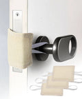Quiet Close Door Latch Covers Cushioned Pads With Elastic Straps For Noise Reduction And Baby Safety, set of three, installed on door.