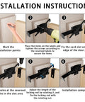 Installation guide showing steps to install Sliding Door Latch With Hook Black Cam Latch for wooden doors with tools.