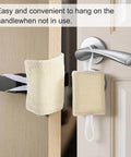 Quiet Close Door Latch Covers Cushioned Pads With Elastic Straps For Noise Reduction And Baby Safety Kid-Friendly Padded Door Silencers Three Pack Yellow 9x7cm Durable Linen Nylon Build For Easy Fit And Gentle Quiet Close shown on door handle.