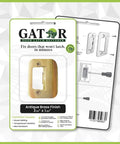 Package of Quick DIY fix for doors that won't stay closed, this universal latch strike plate with screws, brass finish.