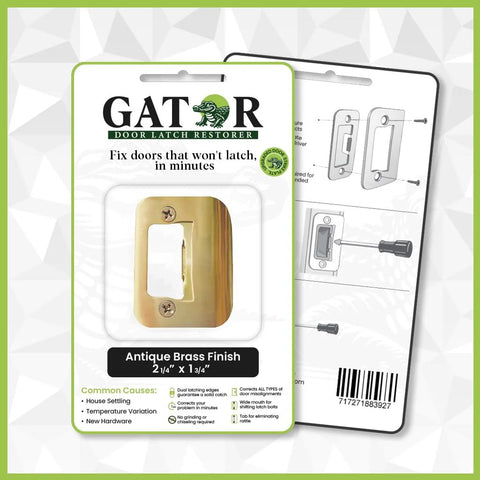 Package of Quick DIY fix for doors that won't stay closed, this universal latch strike plate with screws, brass finish.