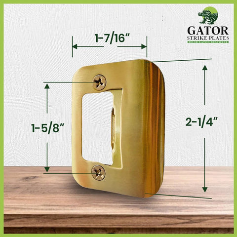 Quick DIY fix for doors that won't stay closed, this universal latch strike plate with screws in bright brass finish, front view.