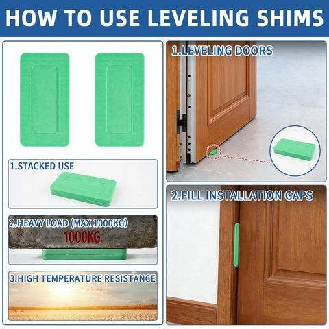 Instructional image showing green leveling shims used for door installation, highlighting stacking, heavy load support, and temperature resistance.