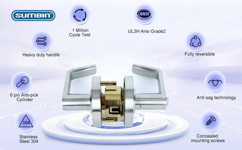 Image of Heavy Duty Storeroom Door Lever Lockset For Commercial Use ANSI Grade 2 BHMA Grade 2 ADA Compliant UL 3 Hour Fire Rated Satin Chrome Finish Two Pack.