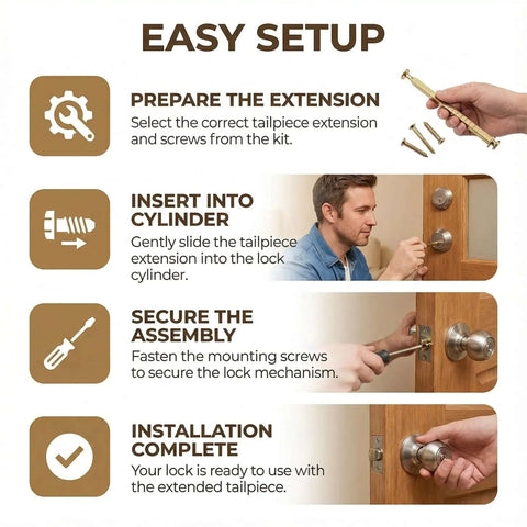 Easy setup guide for Beefy Thick Door Lock Extension Kit for deep doors, shows steps for installing adjustable deadbolt tailpiece set.