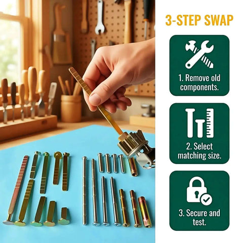Installing Beefy Thick Door Lock Extension Kit For Deep Doors with adjustable deadbolt tailpiece and long screws, 3-step guide visible.